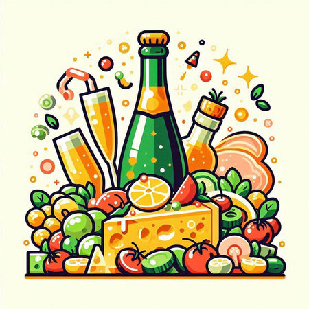 Illustration of a bottle of wine, cheese, fruits and vegetablesのイラスト素材