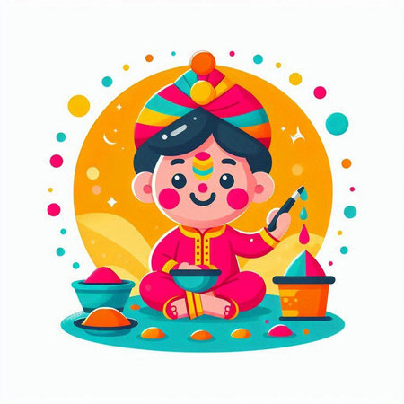 Indian Festival of Color Happy Gudi Padwa. Cute cartoon Indian boy playing dandiya.のイラスト素材