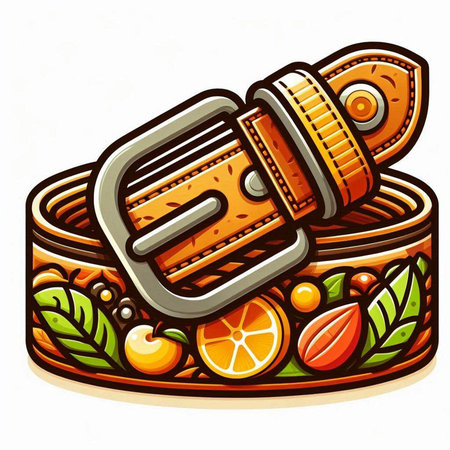 Illustration of a leather belt with orange and green leaves on a white backgroundのイラスト素材