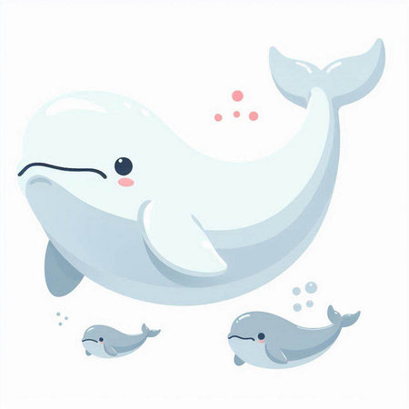 Vector illustration of a cute cartoon white whale and baby whales on a white background.のイラスト素材