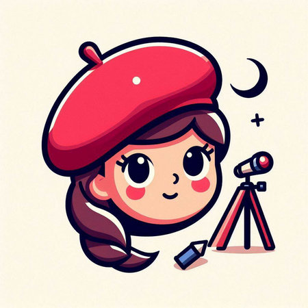 Cute little girl in beret with telescope. Vector illustration.のイラスト素材