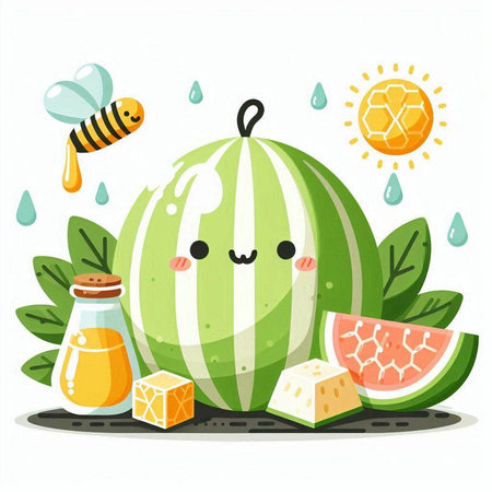 Cute watermelon character with bees and honey. Vector illustration.のイラスト素材