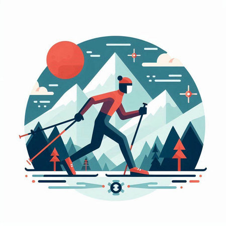 Winter sports. Flat vector illustration of a man skiing in the mountains.のイラスト素材