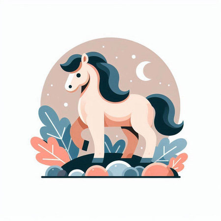 Cute hand drawn vector illustration in cartoon style. Horse on the background of the moonのイラスト素材