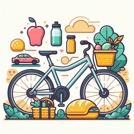 Bicycle with basket of food and sport equipment. Vector illustration.のイラスト素材