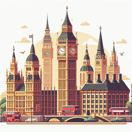 Big Ben and Houses of Parliament, London, United Kingdom. Vector illustration.のイラスト素材