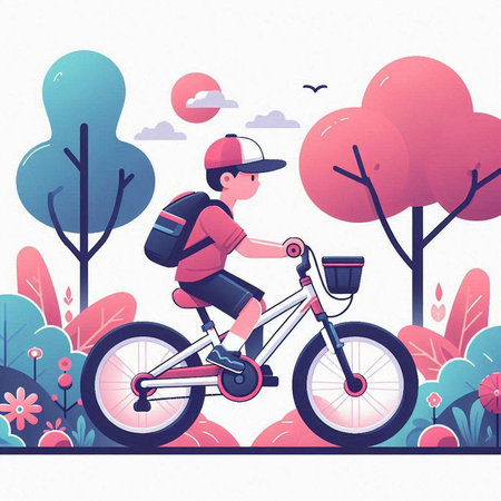 Young man riding bicycle in the park. Vector illustration in flat styleのイラスト素材