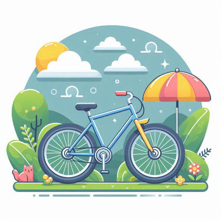 Bicycle with umbrella in the park. Flat style vector illustration.のイラスト素材