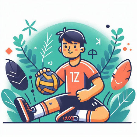 Volleyball player sitting on the grass. Vector illustration in flat cartoon styleのイラスト素材
