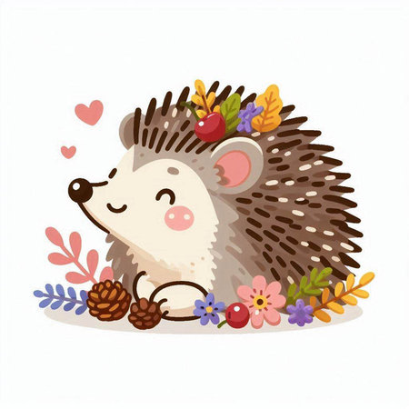 Cute cartoon hedgehog with flowers, leaves and acorns. Vector illustration.のイラスト素材