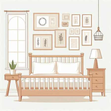 Bedroom interior with furniture. Vector illustration in a flat style.のイラスト素材