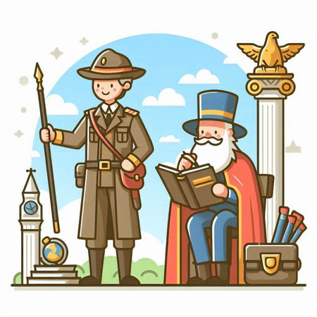 Cartoon illustration of two men dressed in historical costumes reading a bookのイラスト素材