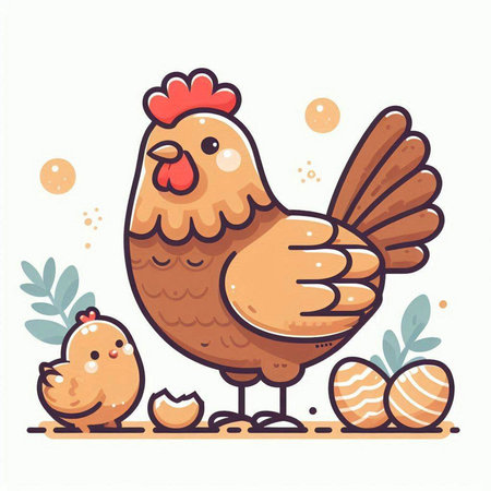 Vector illustration of cute cartoon chicken and chick with eggs on white background.のイラスト素材