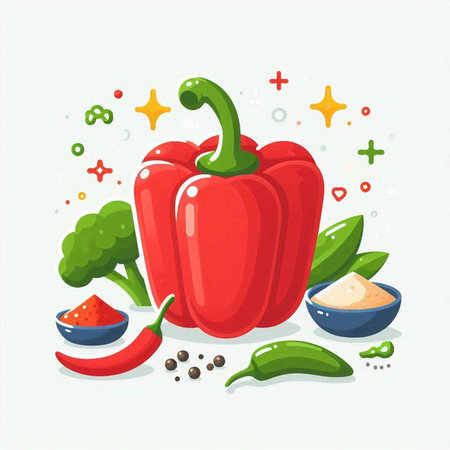 Red bell pepper and ingredients for cooking. Vector illustration in cartoon style.のイラスト素材