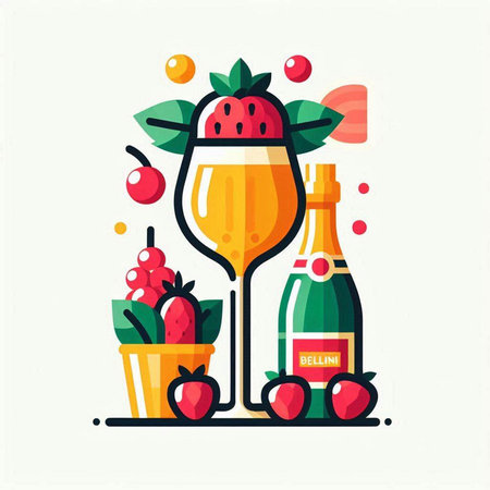 Bottle of champagne and glasses with fruits. Vector flat illustration.のイラスト素材