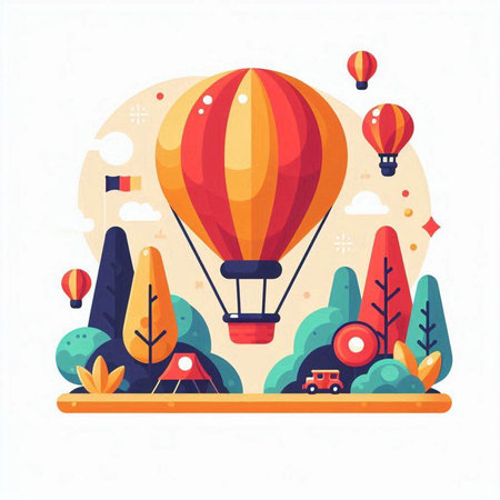 Hot air balloon flying in the sky. Vector illustration in flat styleのイラスト素材