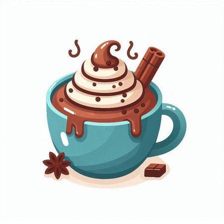 Cup of hot chocolate with whipped cream and cinnamon. Vector illustration.のイラスト素材