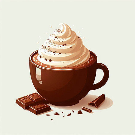 Cup of coffee with whipped cream and chocolate, vector illustration.のイラスト素材