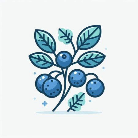 Blueberry berries with leaves. Vector illustration in flat linear style.のイラスト素材