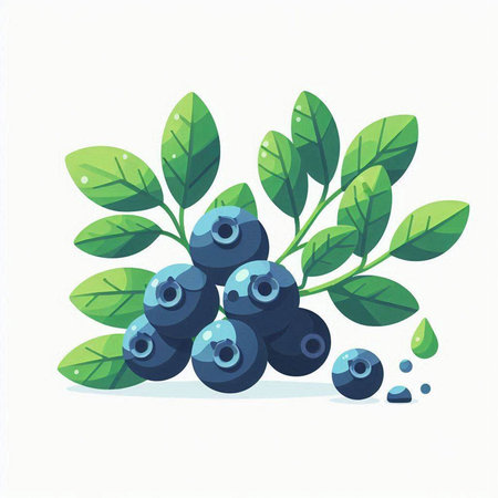 Blueberry vector illustration. Fresh ripe berries with green leaves on a white background.のイラスト素材