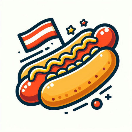 Hot dog with mustard and ketchup. Vector illustration in flat styleのイラスト素材