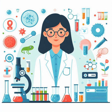 Female scientist in laboratory. Vector illustration in flat cartoon style. Medical background.のイラスト素材