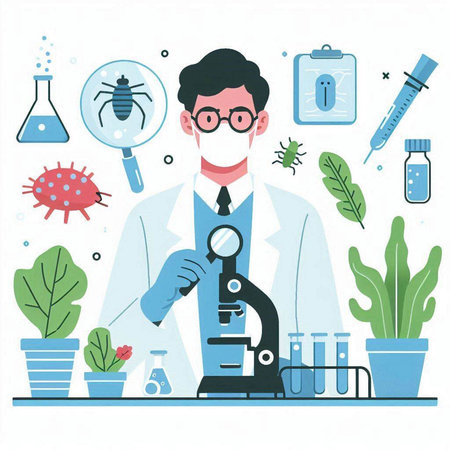 Vector illustration of a scientist working in laboratory. Flat style design.のイラスト素材