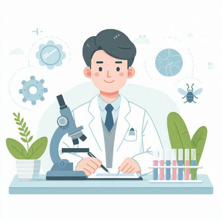 Vector illustration of a male scientist working in a laboratory with microscope.のイラスト素材