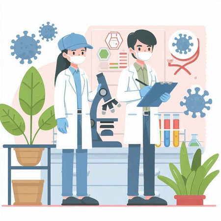 Vector illustration of a scientist and a scientist working in a laboratory.のイラスト素材