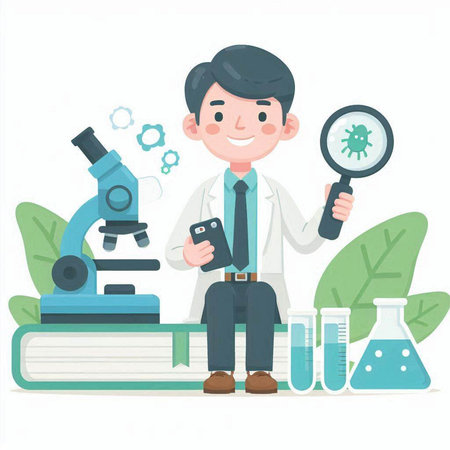 Scientist man with microscope and magnifying glass. Vector illustration.のイラスト素材