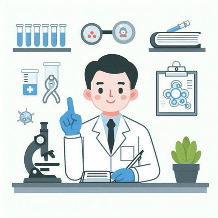 Vector illustration of a scientist working in laboratory. Flat style design.のイラスト素材