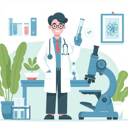 Scientist with microscope in laboratory. Vector illustration in flat style.のイラスト素材