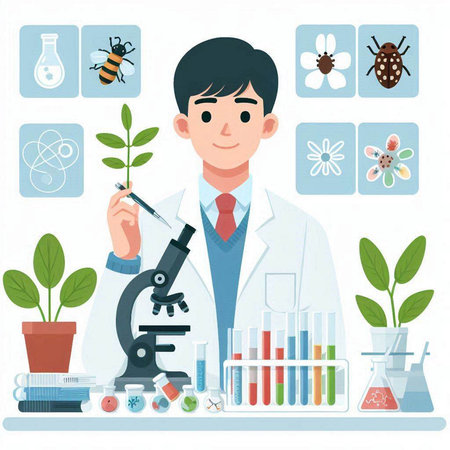 Scientist man with microscope and plants in laboratory. Vector illustration.のイラスト素材