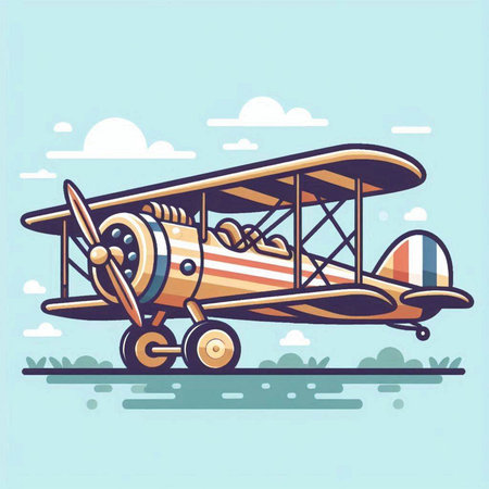 Retro biplane flying in the sky. Cartoon vector illustration.のイラスト素材