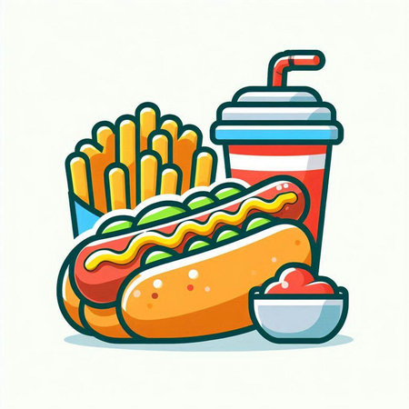 Hot dog with french fries and ketchup. Fast food. Vector illustration.のイラスト素材