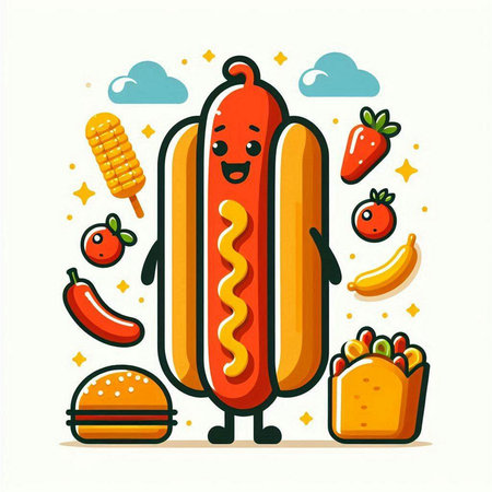 Funny hot dog with vegetables and hamburger. Vector illustration.のイラスト素材