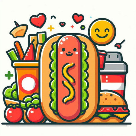 Fast food vector illustration in line style. Hot dog with kawaii face.のイラスト素材