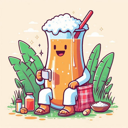 Illustration of a glass of beer with a straw and a bucket of sugarのイラスト素材