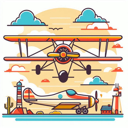 Airplane with propeller. Vector illustration in flat cartoon style.のイラスト素材