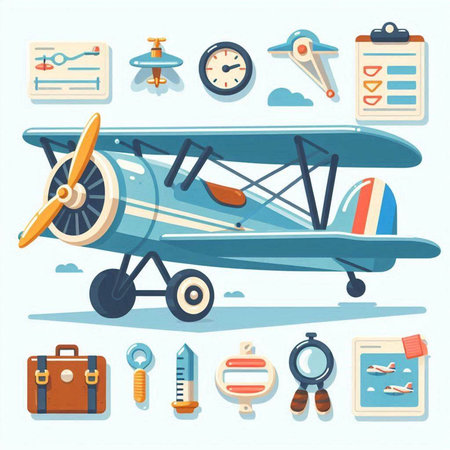 Airplane and travel icons set. Cartoon illustration of airplane and travel icons for web designのイラスト素材