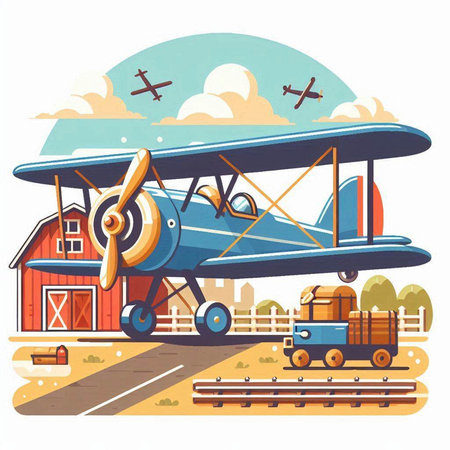 Vector illustration of retro airplane on the background of a farm. Cartoon style.のイラスト素材