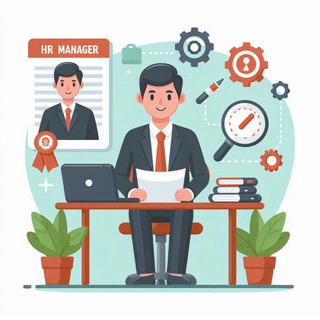 Businessman working on laptop at office. Vector illustration in flat styleのイラスト素材