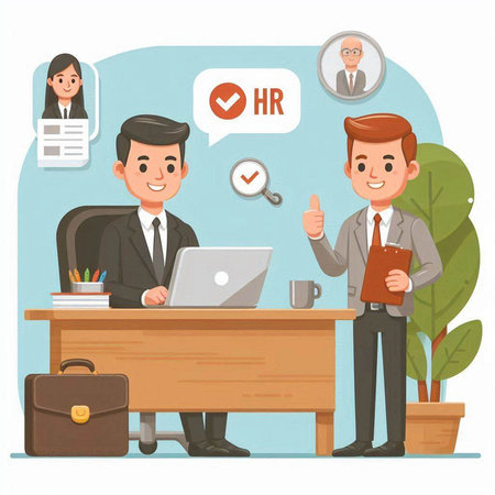 Businessman and businesswoman working in office with laptop. Vector illustrationのイラスト素材