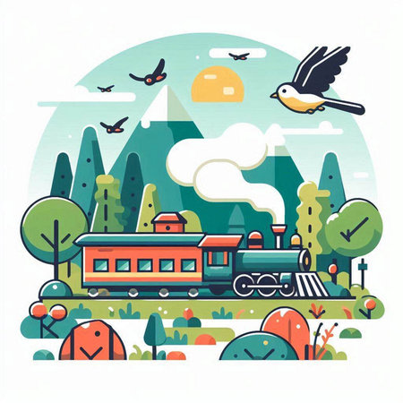 Vector illustration of a flat design of a train with a bird on a background of nature.のイラスト素材