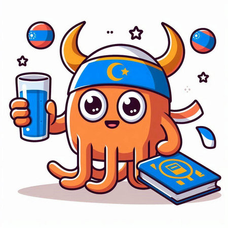Illustration of Cartoon Octopus Mascot Character with Glass of Milk and Bookのイラスト素材