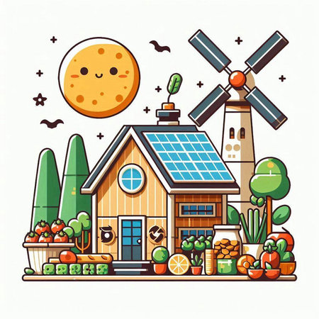 House with solar panels, windmill and vegetables. Eco concept. Vector illustration.のイラスト素材