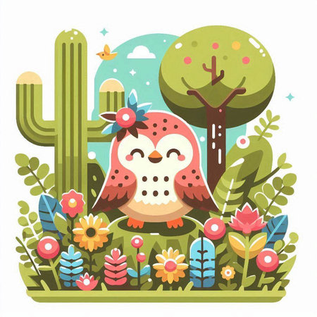 Cute cartoon owl in the desert with cactuses. Vector illustration.のイラスト素材