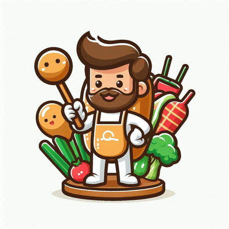 Cute Cartoon Chef with Vegetables and Sausage Vector Illustrationのイラスト素材