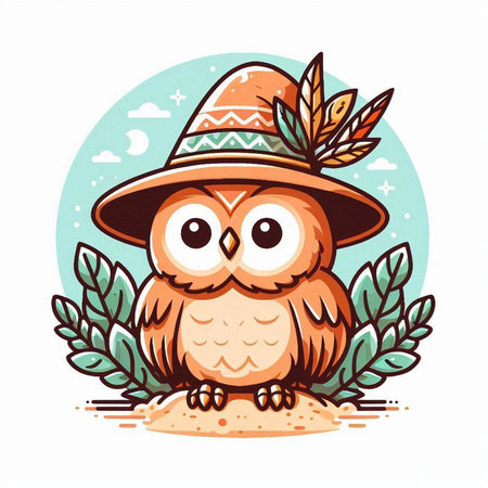 Cute owl in hat on the background of nature. Vector illustration.のイラスト素材