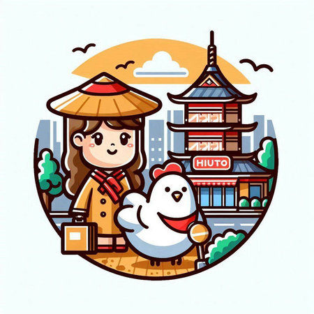 Illustration of a girl with a snowman and a pagodaのイラスト素材